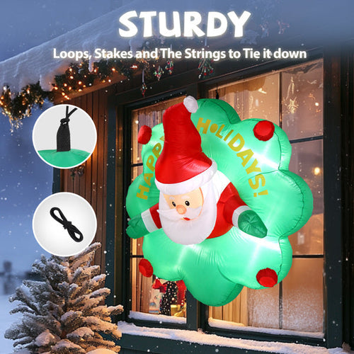 4ft Window Santa Claus Wreath, 5 LED Lights, Bundle Pocket Christmas