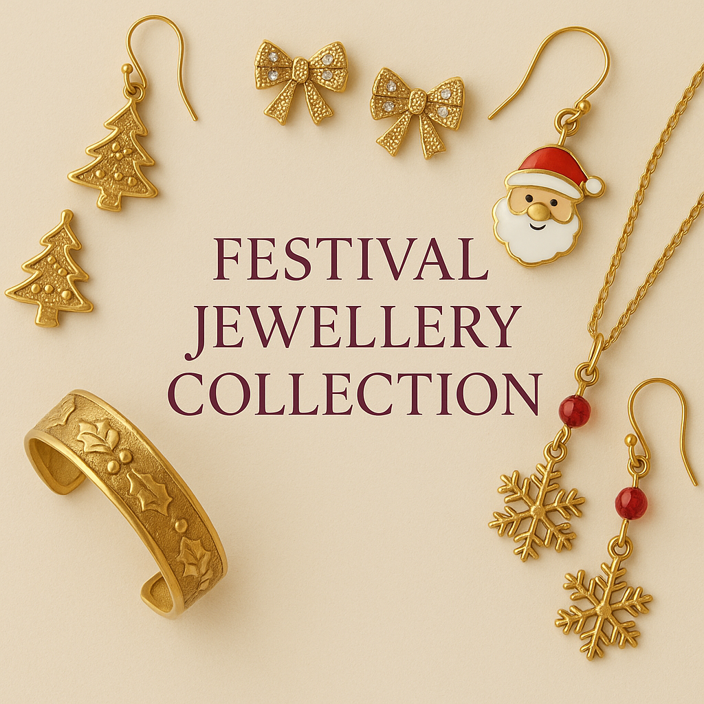 Festival jewellery collection with gold jewelry on a beige background